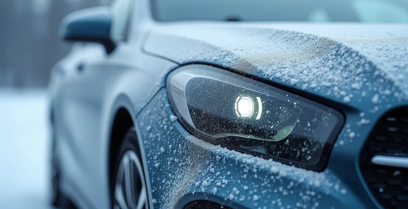 Gros plan sur les capteurs d'une navette autonome couverts de neige et glace