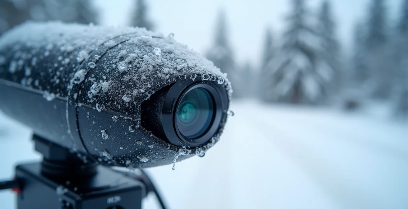 Navette autonome lors de tests hivernaux avec capteurs visibles couverts de neige