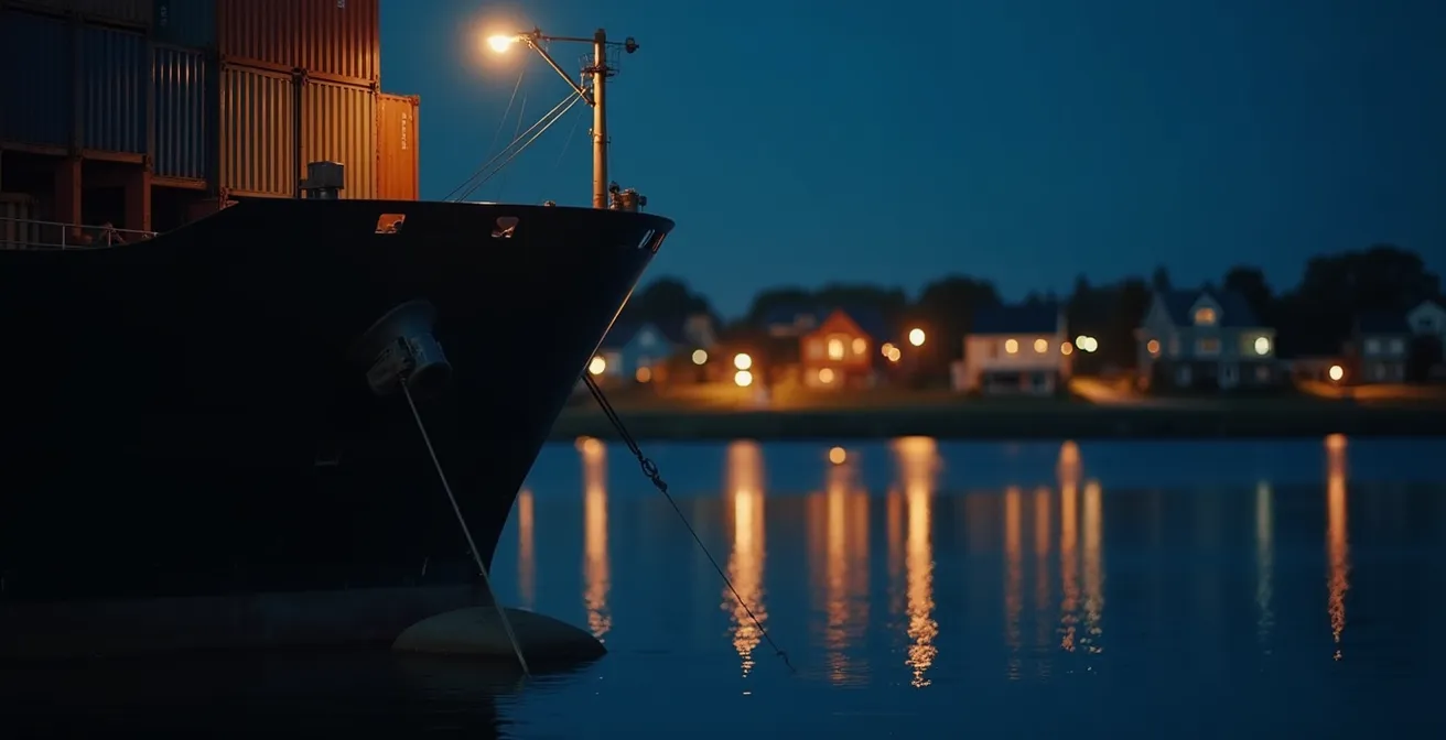 Navire cargo ancré la nuit près d'une zone résidentielle avec lumières du quartier en arrière-plan