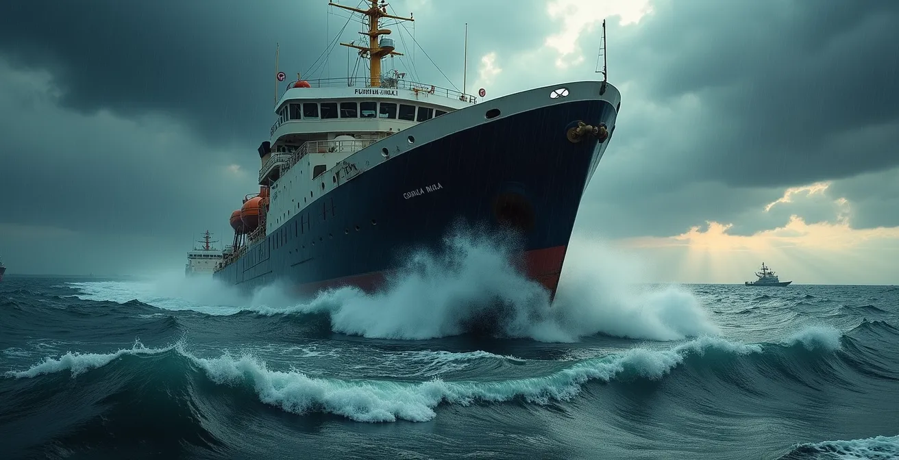 Navire cargo luttant contre les vagues lors d'une tempête avec ancre visible sous tension