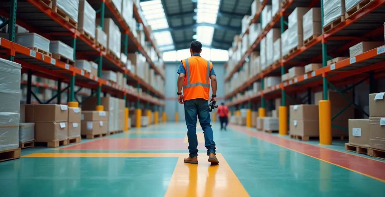 Vue intérieure d'un entrepôt organisé avec zones codées par couleur et employés appliquant les principes 5S