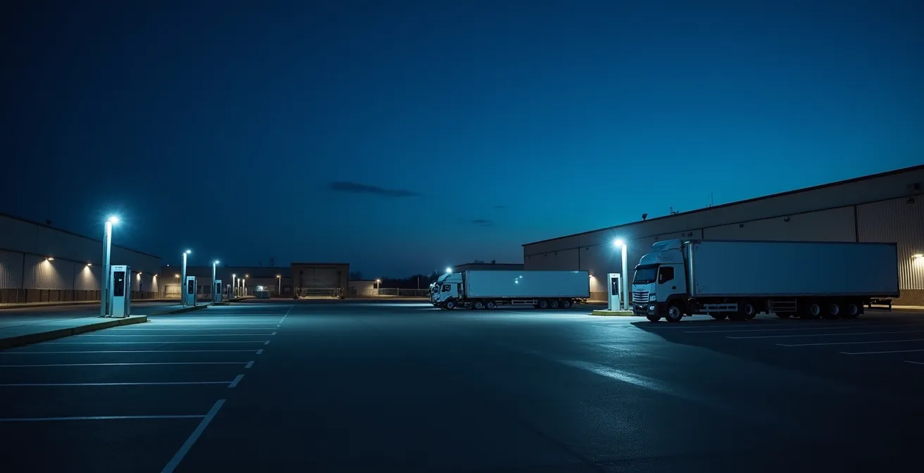 Vue nocturne d'un centre de distribution avec camions électriques en recharge