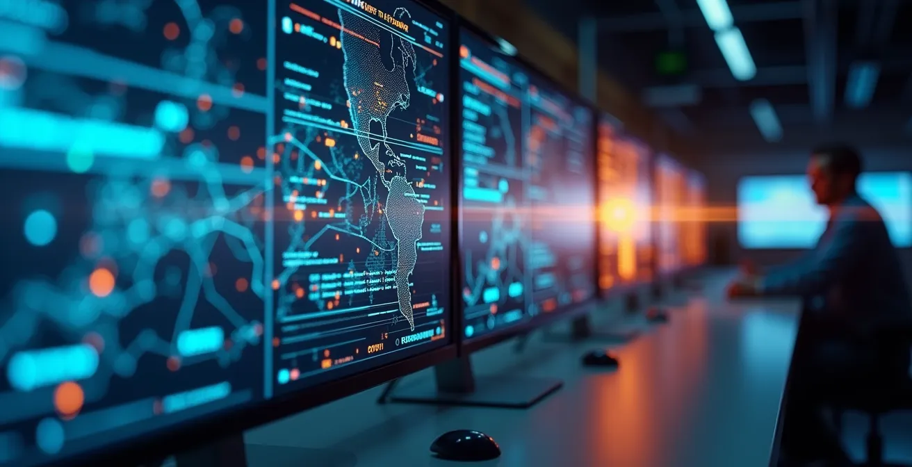 Tableau de bord logistique moderne avec cartes et indicateurs de performance dans un centre de contrôle