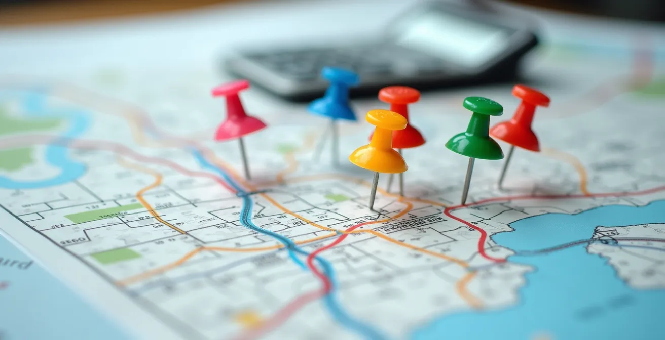 Vue macro d'une carte routière régionale avec épingles de couleur marquant des arrêts d'autobus optimisés