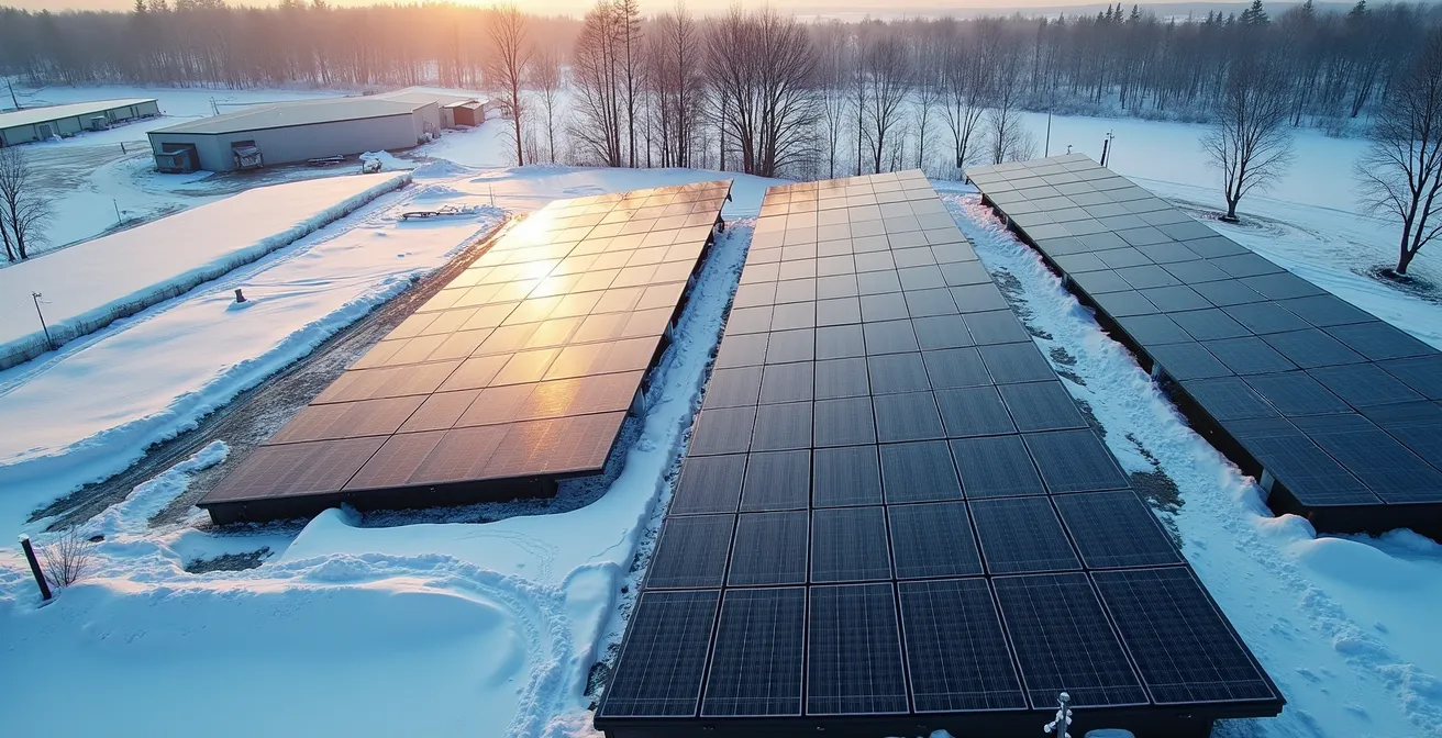 Vue aérienne d'un entrepôt québécois avec panneaux solaires partiellement couverts de neige