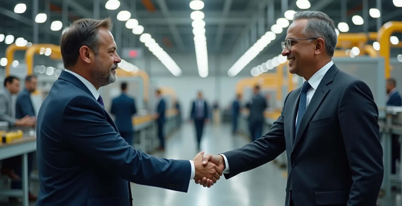Poignée de main entre dirigeants d'entreprises québécoise et mexicaine dans une usine moderne