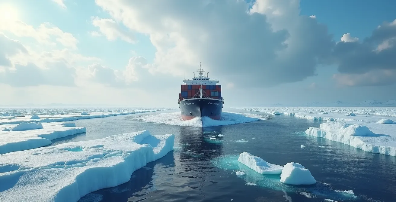 Navire brise-glace commercial naviguant dans les eaux glacées du Passage du Nord-Ouest