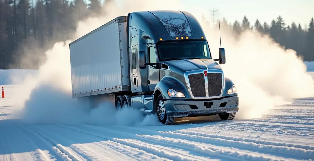Camion lourd en situation de dérapage contrôlé sur piste d'entraînement enneigée avec cônes orange