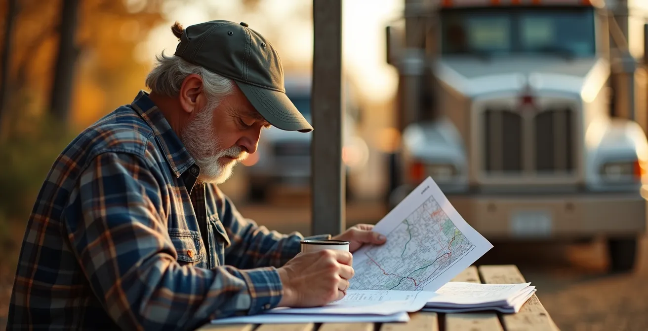 Camionneur consultant une carte routière dans un relais routier avec son camion visible en arrière-plan flou