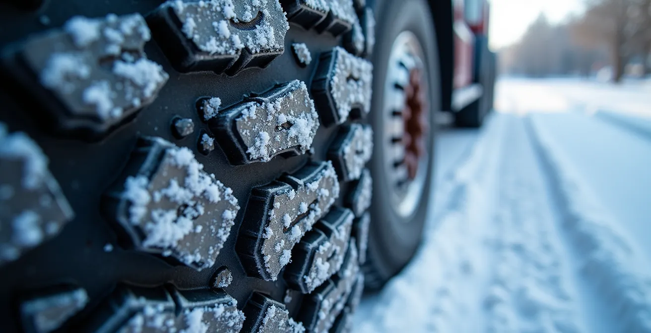 Gros plan sur un pneu d'hiver commercial installé sur un camion lourd dans la neige