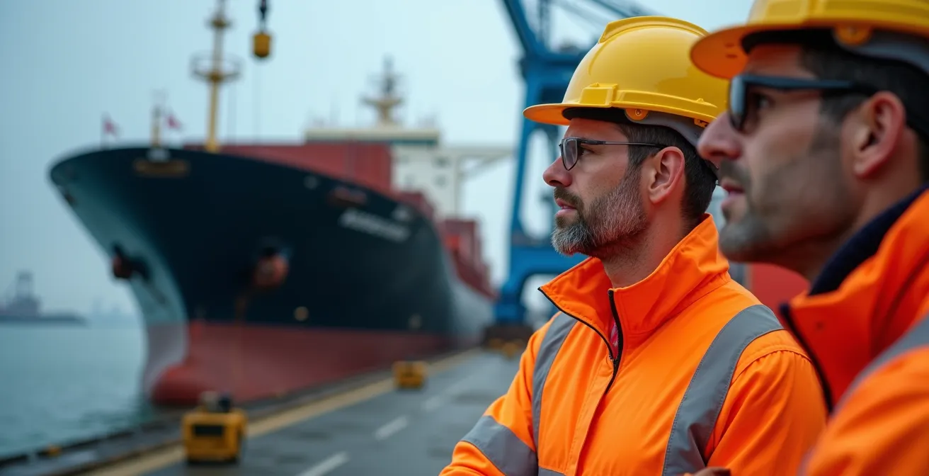 Vue aérienne des opérations de chargement au port de Québec avec grues et vraquier