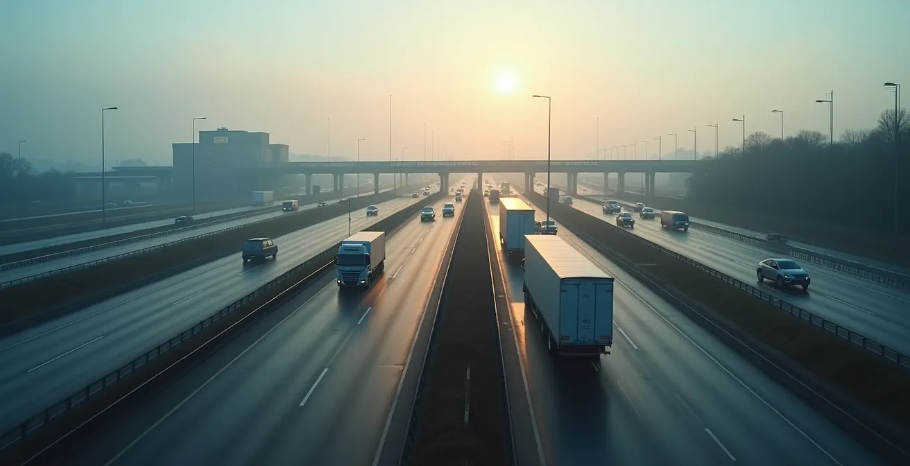 Vue large du poste frontalier avec voies dédiées PEP montrant la fluidité du trafic commercial