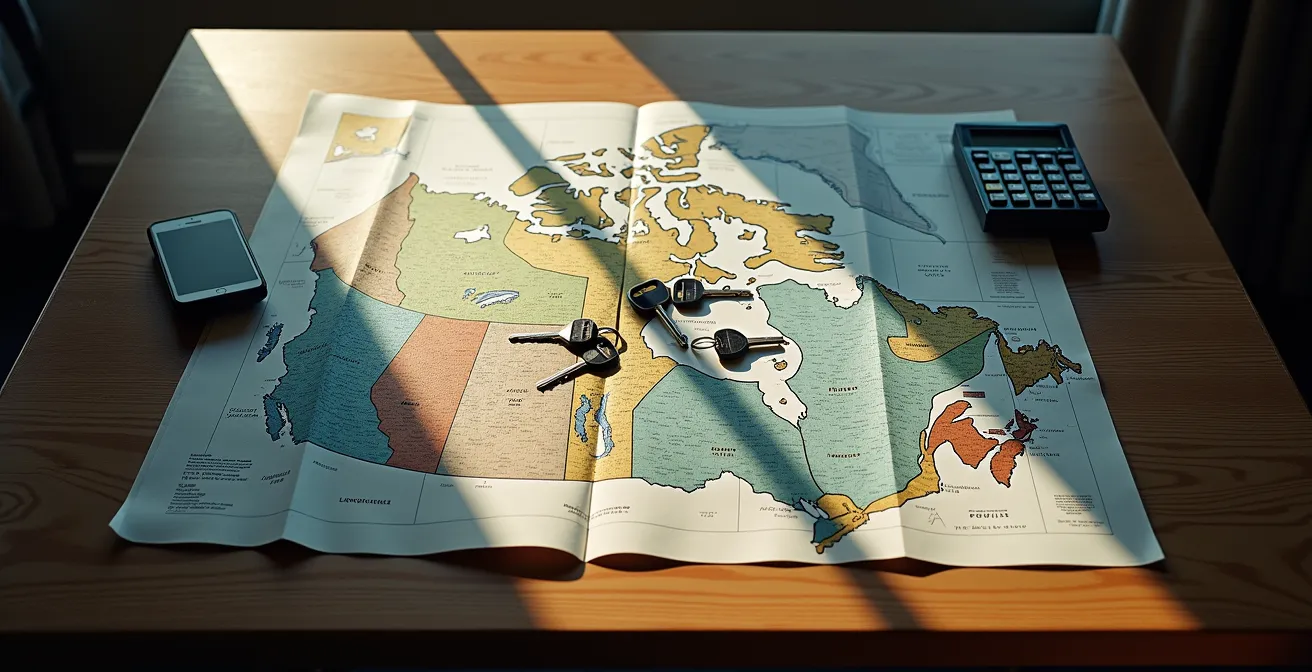 Bureau administratif avec documents d'immatriculation IRP et carte du Canada montrant les routes commerciales