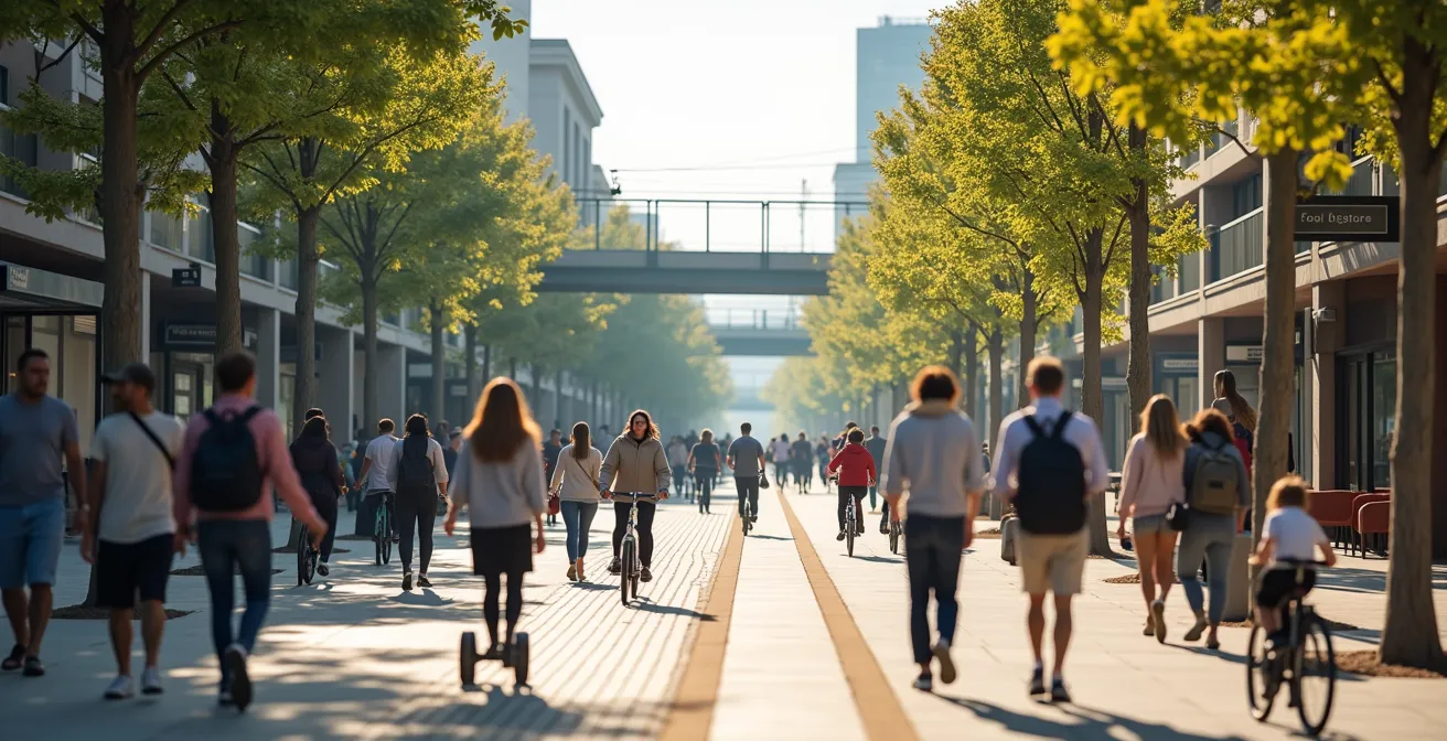 Vue en plongée d'un quartier TOD québécois avec gare centrale, immeubles mixtes et espaces verts