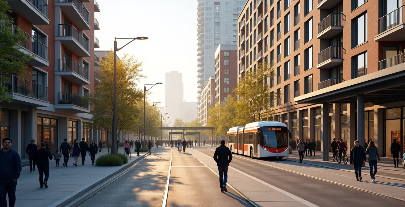 Développement urbain mixte autour d'une station de transport en commun avec espaces piétons et vélos