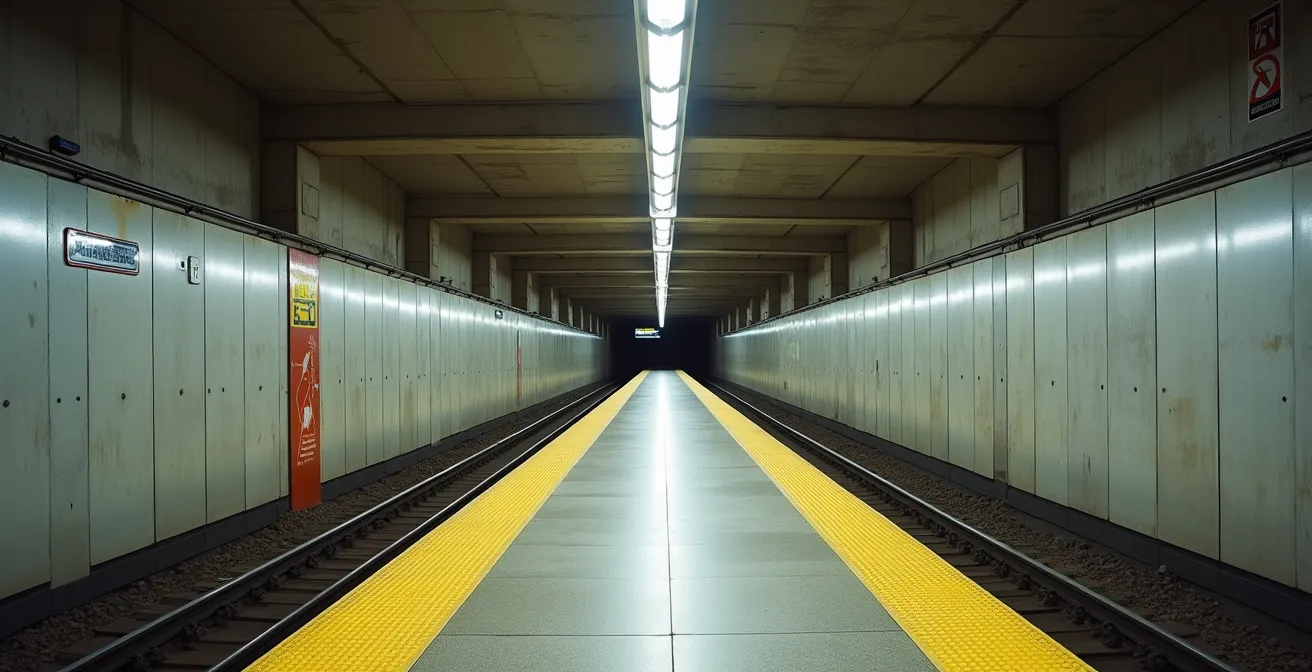 Coupe transversale d'une station de métro montrant les différentes phases d'adaptation pour l'accessibilité