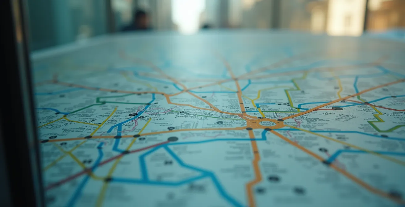 Terminal d'autobus moderne avec connexions multidirectionnelles vers différents pôles d'emploi