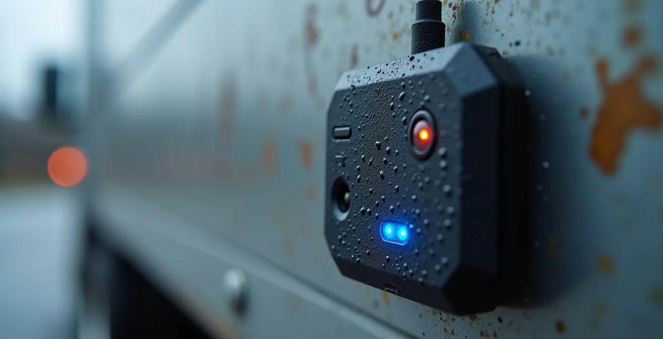 Gros plan macro sur un dispositif de tracking GPS discret fixé sur une surface métallique