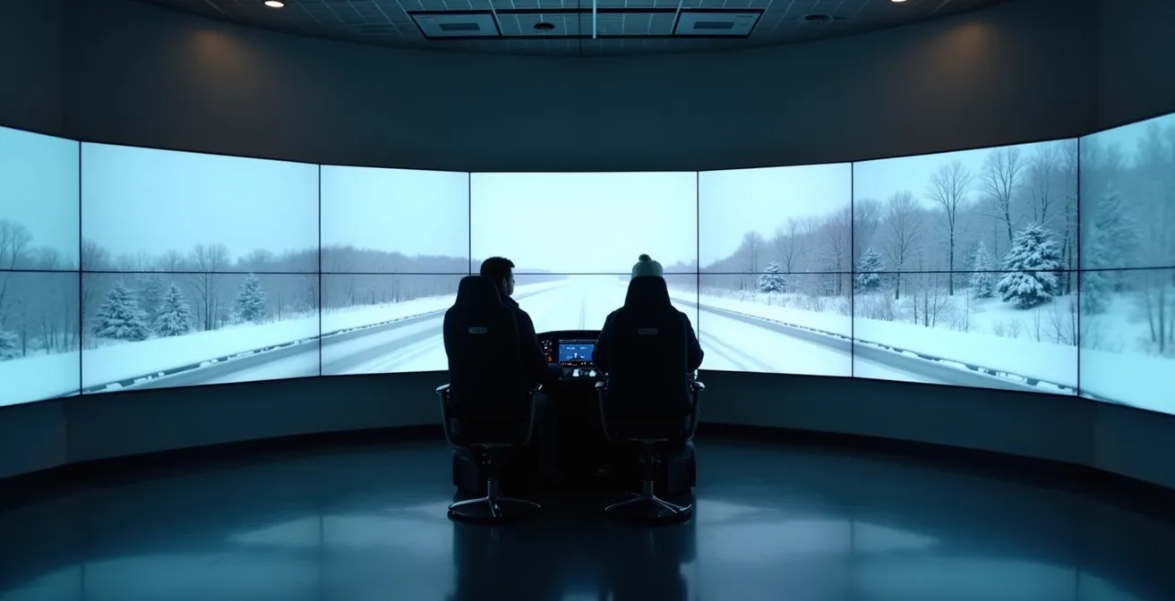 Simulateur de conduite professionnel avec écrans immersifs montrant une route enneigée du Québec