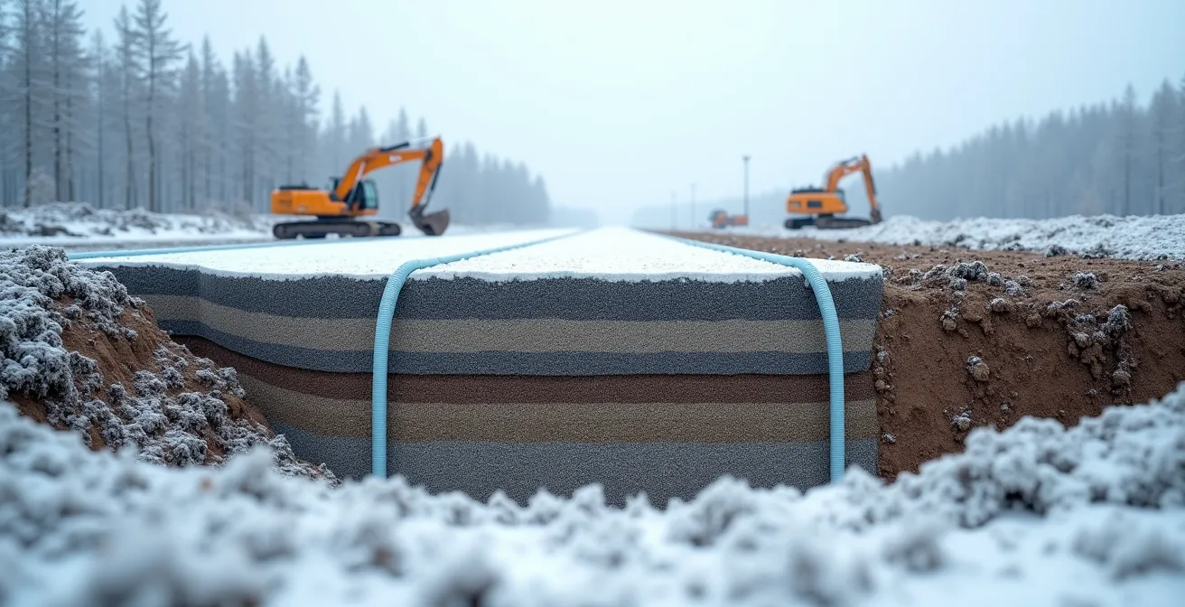 Coupe transversale d'une route québécoise montrant le système de drainage en hiver