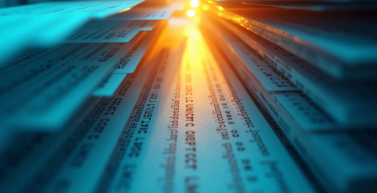 Composition symbolique montrant la complexité du système de classification douanière avec des couches de documents et codes abstraits