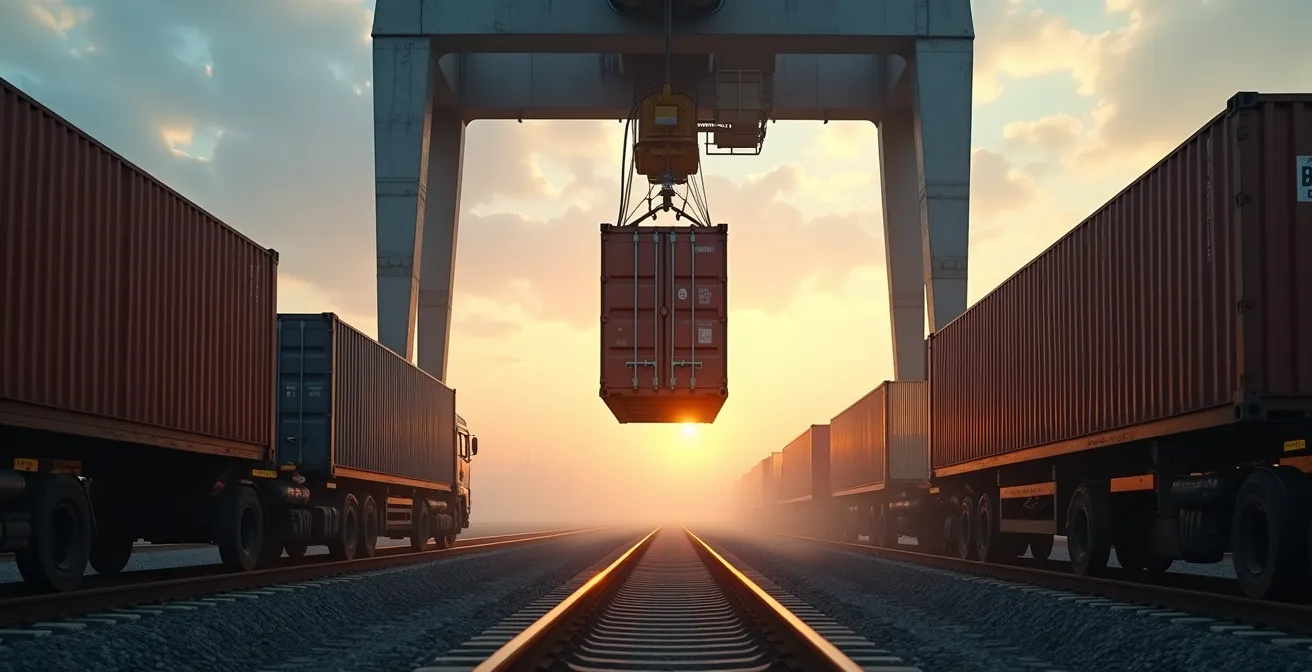 Terminal intermodal avec grue portique chargeant des conteneurs sur des wagons ferroviaires