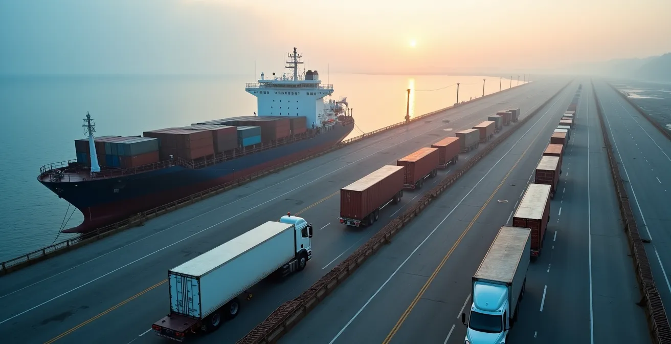 Vue aérienne d'un port québécois montrant le chargement de remorques sur un navire roulier avec des camions en attente