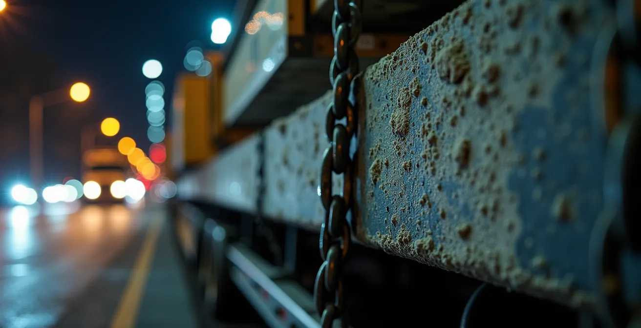 Convoi exceptionnel transportant une poutre de béton géante de nuit sur une autoroute québécoise