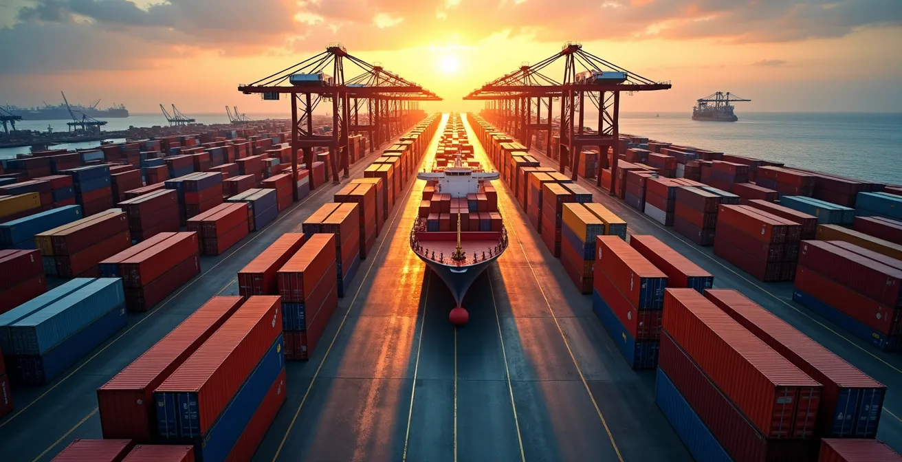 Vue aérienne d'un port avec conteneurs et systèmes de tracking en temps réel