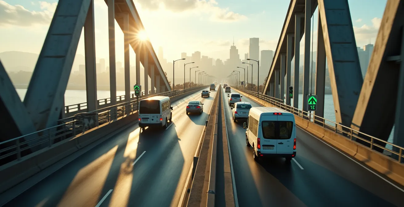 Voie réservée dynamique avec signalisation lumineuse sur un pont de Montréal