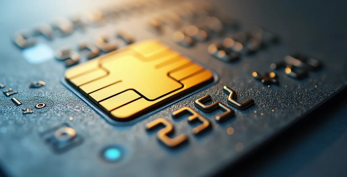 Vue macro détaillée d'une carte FAST/EXPRES avec texture métallique et puce électronique, symbolisant l'accès prioritaire aux douanes