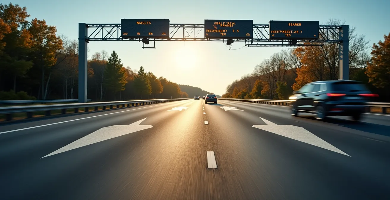 Vue latérale d'une voie réservée dynamique sur autoroute québécoise avec signalisation intelligente