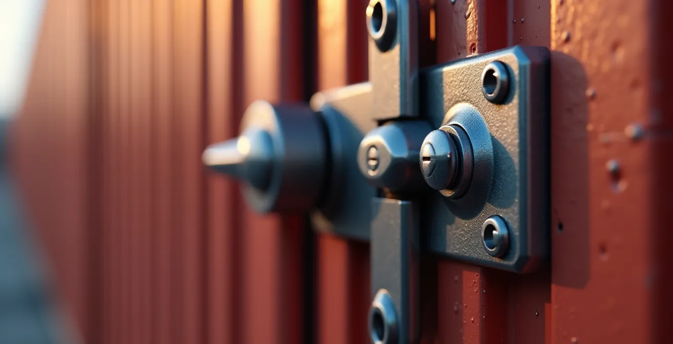 Vue macro d'un sceau de sécurité C-TPAT sur un conteneur de transport