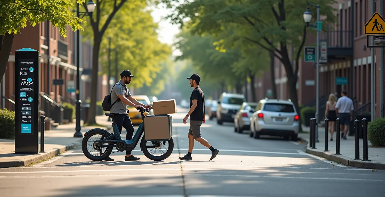 Vue de rue montrant une zone de stationnement dynamique avec signalisation numérique et bollards amovibles