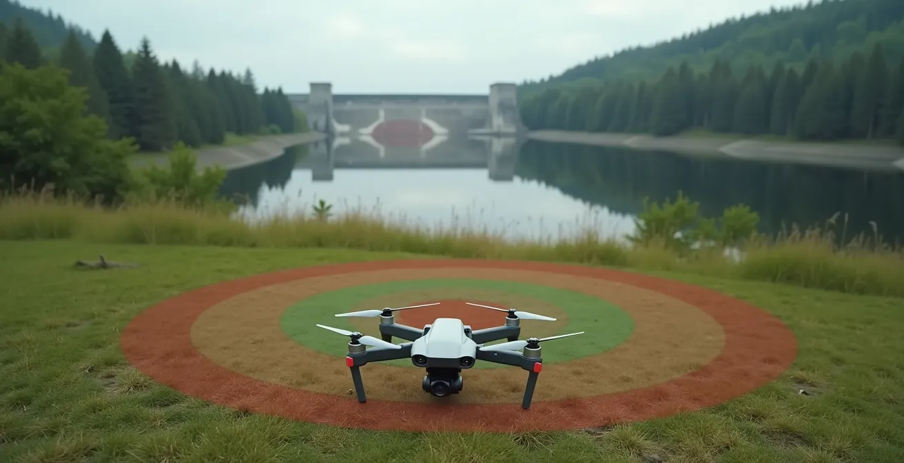 Vue aérienne montrant les périmètres de sécurité autour d'infrastructures critiques